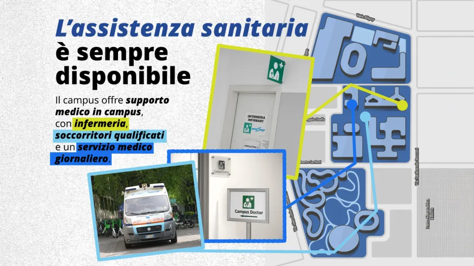 L'assistenza sanitaria è sempre disponibile.   Il campus offre supporto medico in campus, con infermeria, soccorritori qualificati e un servizio medico giornaliero.   Mappa del campus con 3 strutture mediche indicate:  - Un'ambulanza è regolarmente presente in Piazza Angelo Sraffa, vicino all'inizio di Via Giuseppe Toniolo.  - Infermeria situata a Bocconi 12, - Ambulatorio medico (Campus Doctor) situato in Piazza Sraffa 11 (piano rialzato)