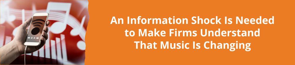 Link to related stories. Image: a hand holding a cellphone, which is connected to a music app and a headset. Story headline: An Information Shock Is Needed to Make Firms Understand That Music Is Changing