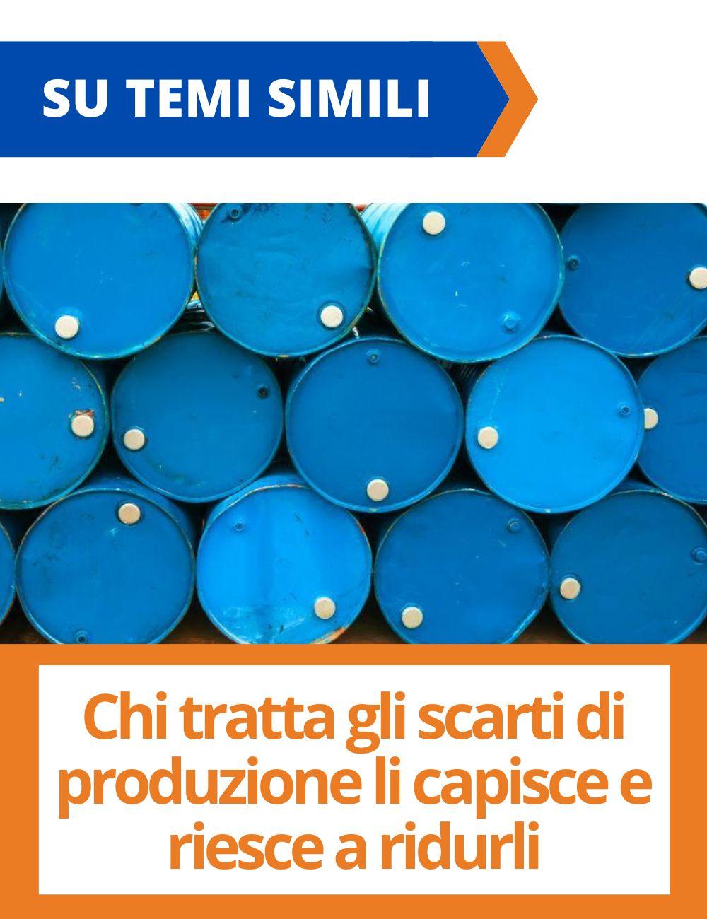 Immagine con link ad articoli su temi simili. L'immagine di barili blu rimanda all'articolo intitolato: Chi tratta gli scarti di produzione li capisce e riesce a ridurli