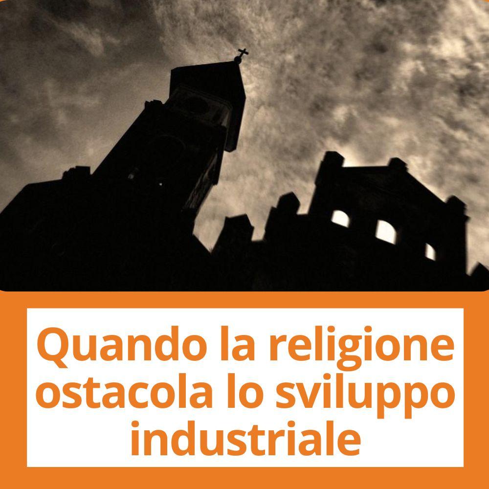 Immagine con link ad articoli su temi simili. L'immagine di un edificio cupo di notte rimanda all'articolo intitolato: Quando la religione ostacola lo sviluppo industriale