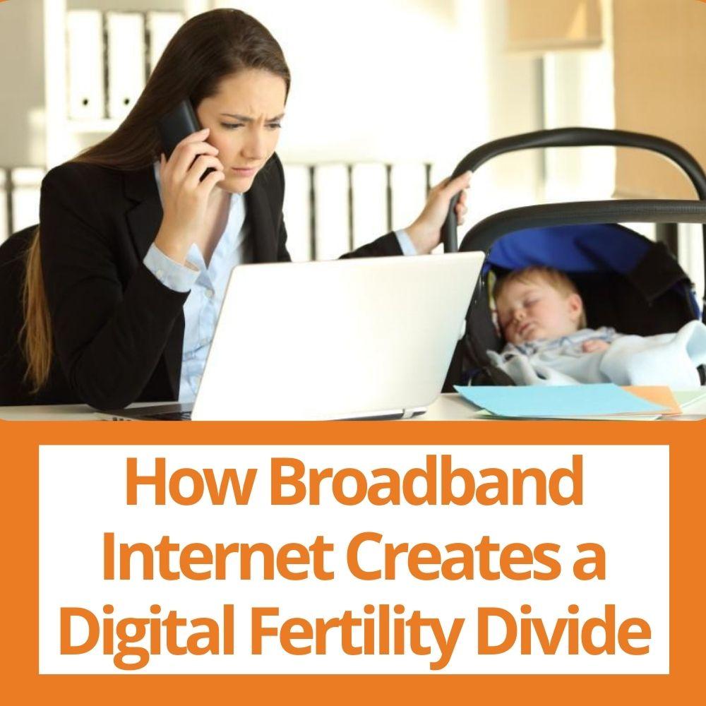 Link to related stories. Image: a woman is working on her computer and making a call. At the same time she is taking care of her child. Story headline: More Children for the Highly Educated: How Broadband Internet Creates a Digital Fertility Divide.  
