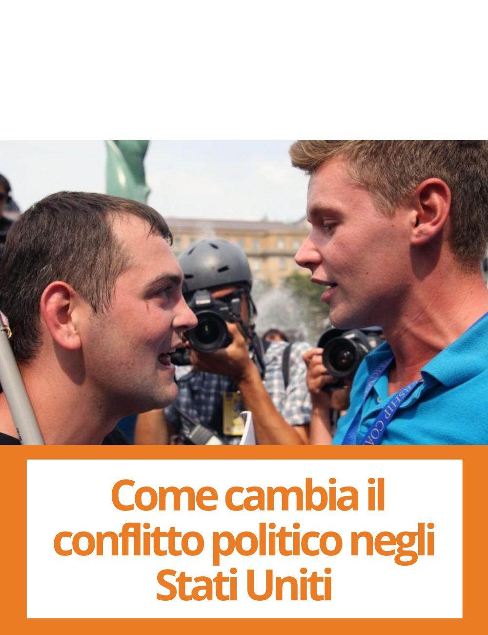 Immagine con link ad articoli su temi simili. L'immagine di due uomini che discutono rimanda all'articolo intitolato: La cultura prima dell'economia. Come cambia il conflitto politico negli Stati Uniti