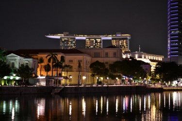 Nighttime skyline and water