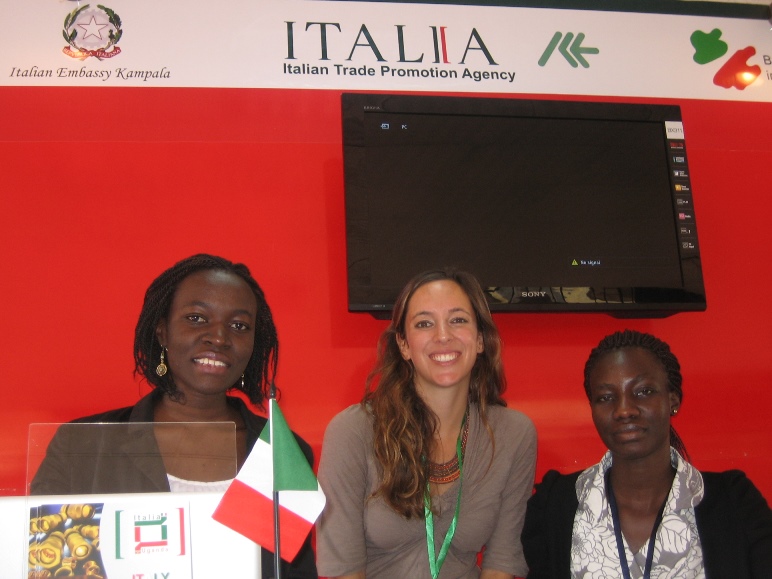 Women at trade fair stand