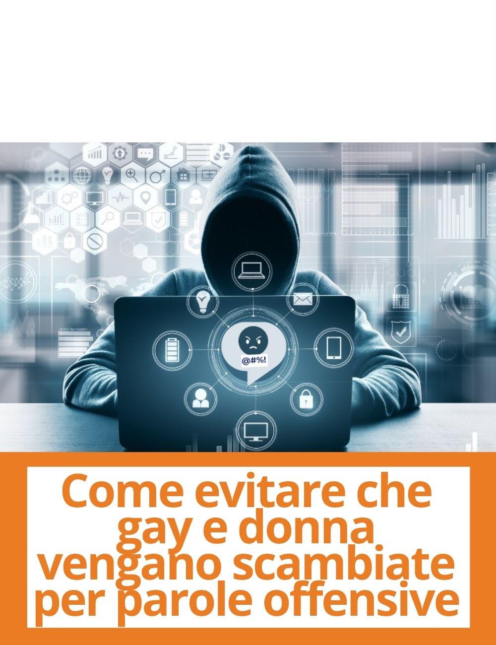 Immagine con link ad articoli su temi simili. L'immagine di una persona incappucciata e simboli che richiamano il cyber bullismo rimanda all'articolo intitolato: Le macchine sbagliano: come evitare che gay e donna vengano scambiate per parole offensive