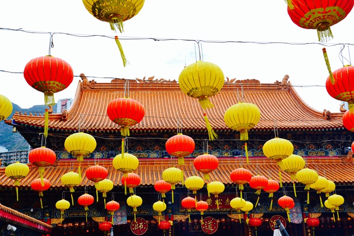 Paper lanterns and temple