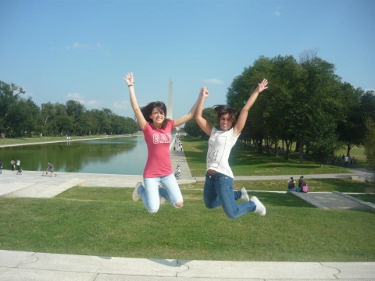 Two young women in front of Washington Monument