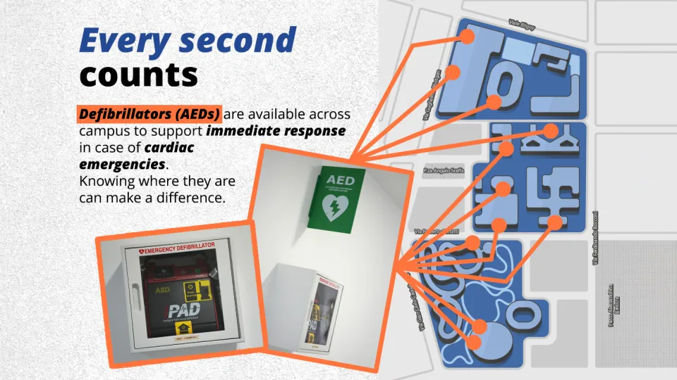 Every second counts Defibrillators (AEDs) are available across campus to support immediate response in case of cardiac emergencies. Knowing where they are can make a difference. Campus map showing 11 AED locations:  2 at Sport Center, ground and second floor;  1 at SDA Bocconi Executive / Meo Executive building, ground floor;  1 at Sarfatti 25, ground floor;  1 at Leonardo Del Vecchio Building, ground floor;  1 at Sraffa 11, raizer/mezzanine floor ;  1 at Gobbi 5, mezzanine floor ); 2 at Röntgen Building