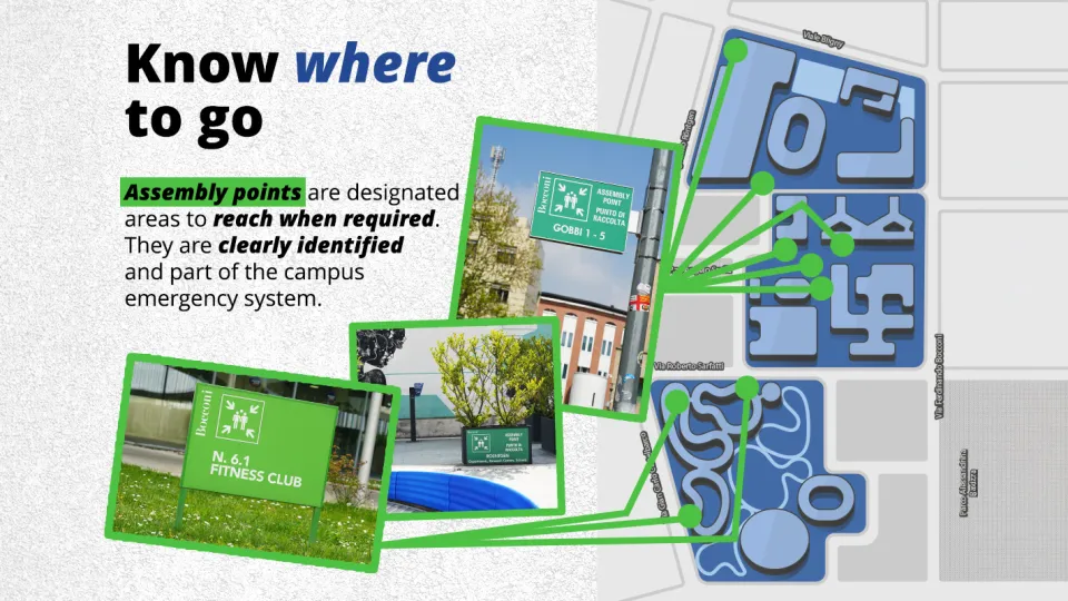 Know where to go Assembly points are designated areas to reach when required. They are clearly identified and part of the campus emergency system. Campus map showing 9 assembly point locations:  1 in Sarfatti 10 / SDA Bocconi Executive area  1 near Castiglioni 8  1 near Bocconi Sport Center 4 at Sraffa 13/ Via Gobbi 1 in Röntgen 1  1 at near Sraffa 11