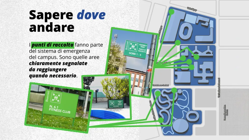 Sapere dove andare.   I punti di raccolta fanno parte del sistema di emergenza del campus. Sono quelle aree chiaramente segnalate da raggiungere quando necessario.   La mappa del Campus mostra i 9 punti di raccolta:  1 in Sarfatti 10 / SDA Bocconi Executive area  1 vicino Castiglioni 8  1 vicino allo Sport Center 4 in Piazza Sraffa 13/ Via Gobbi 1 in Röntgen 1  1 vicino Sraffa 11