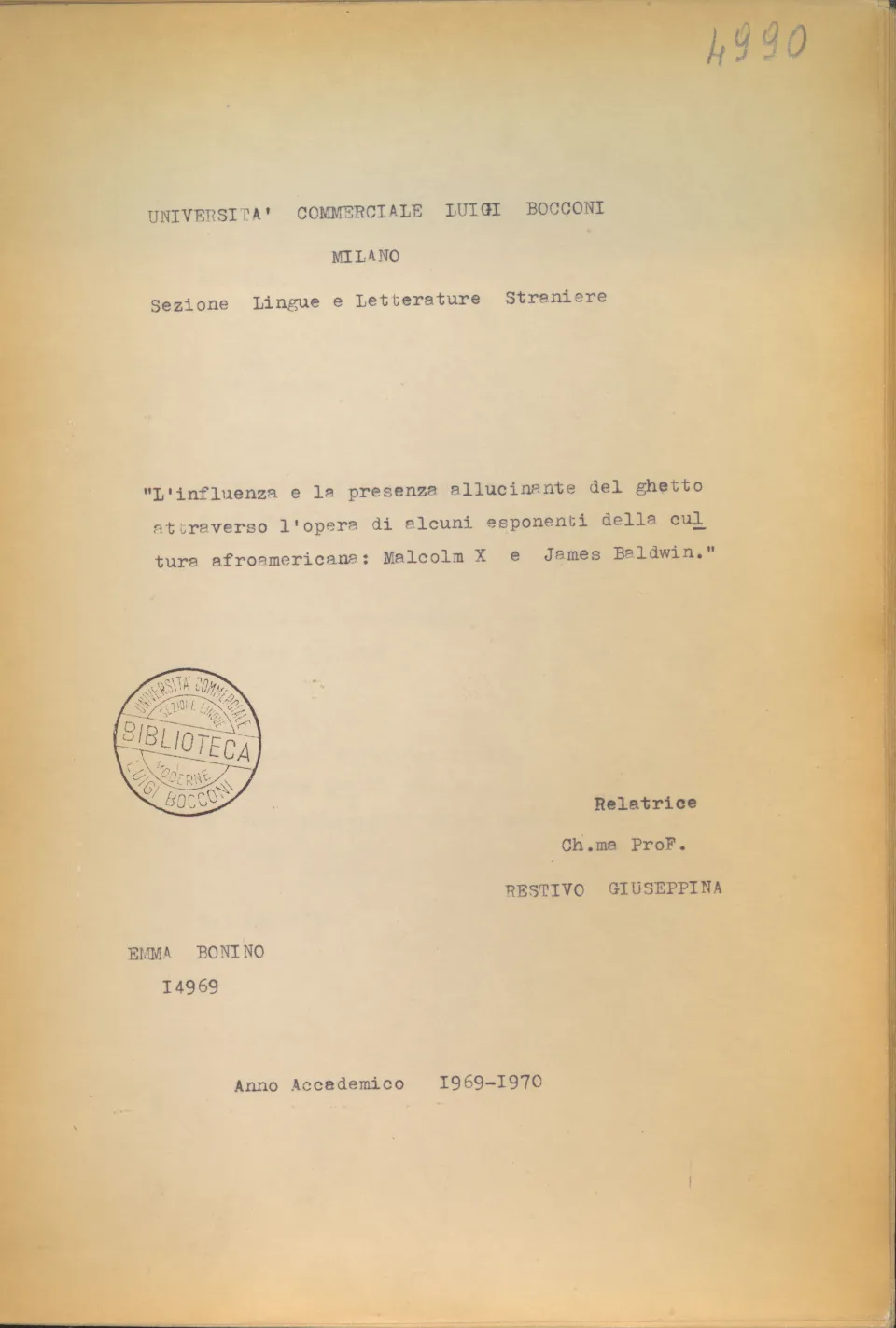 Title page of the dissertation of Emma Bonino