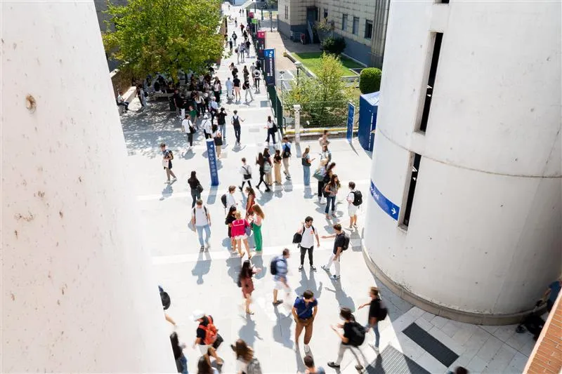 Overhead view of students on campus